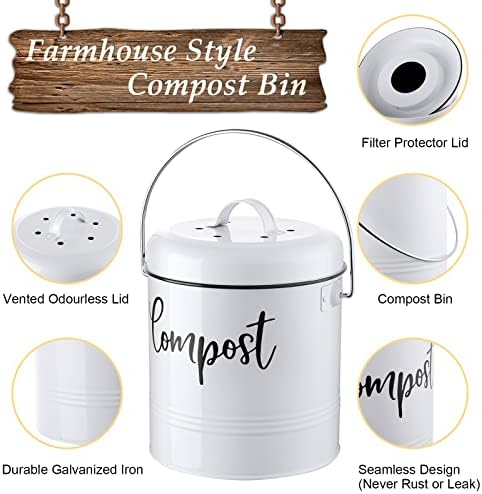 DAYYET Compost Bin Kitchen, 1.3 Gallon Farmhouse Kitchen Compost Bin Countertop, Indoor Countertop Compost Bucket with Lid and Charcoal Filters, White - Image 2