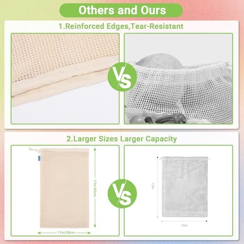 Pack of 6 Reusable Produce Bags Washable, 3 Sizes (2xS+2xM+2xL) Reusable Grocery Bags Heavy Duty Cotton Bag Mesh Bags for Vegetables, Enhanced Closure Edge, Double Stitched, with Tare Weight - Image 4