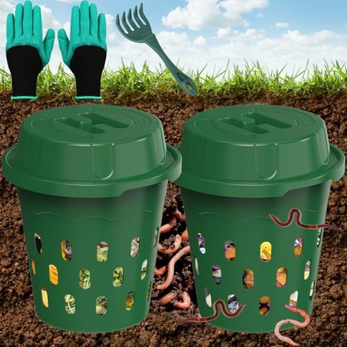 2-Pack Inground Worm Composter, Outdoor Worm Compost Bin for Garden Beds & Home Use, Vermicomposting Bin for Beginners (9.5x9.5x10.8Inch), Green by TOPXIAN