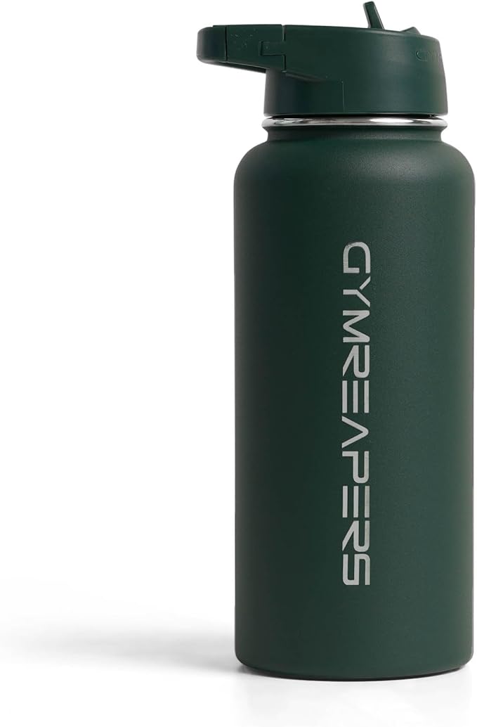 Gymreapers Insulated Water Bottle - Stainless Steel 32 Oz, 3 lids (Straw, Chug, Canteen), Double Walled Vacuum Insulation, Thermo Mug Cold Hot - Durable Powder Coated Finish