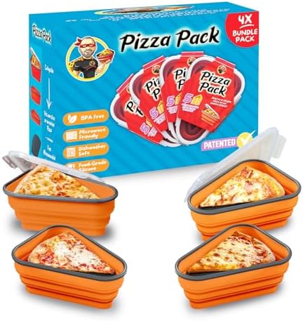 PIZZA PACK The Perfect Reusable Pizza Storage Container with 5 Microwavable Serving Trays - BPA-Free Adjustable Pizza Slice Container to Organize & Save Space, Orange 4 pk by PizzaPack%E2%84%A2