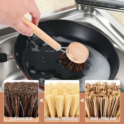 Bamboo Dish Brush with Handle - 3 Replacement Heads, Soft Bristles Kitchen Brush, Bamboo Dish Scrubber for Dishes Vegetable, Pots and Pans, Kitchen Utensils(Color:Wood) - Image 6