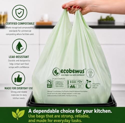 Certified Compostable 13 Gal Bags (35 Bags) Tall Kitchen Food Scrap Bags Certified Compostable Trash Bags BPI Certified Compostable & TÜV OK Compost HOME Certified, Meets ASTM D6400 (35 ct.) - Image 5
