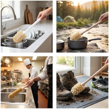 2-Piece Kitchen Brush Set - Includes 1 Plastic Handle Ponytail Cup Brush & 1 Wooden Handle Coconut Scrubber - Cleaning Kit for Bottles & Pots - Image 5
