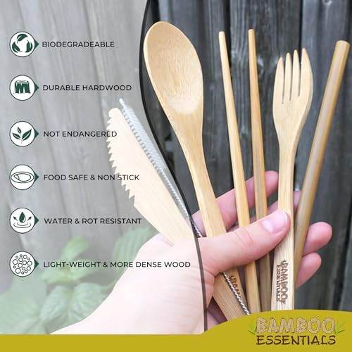 Travel Utensils with Case Set Fork, Knife, Spoon, Chopsticks, Straw, Straw-cleaning brush, Travel Pouch and Carabiner, Excellent For Everyday Use! ((2 Sets) Sunset Red/Sunrise Yellow) - Image 3