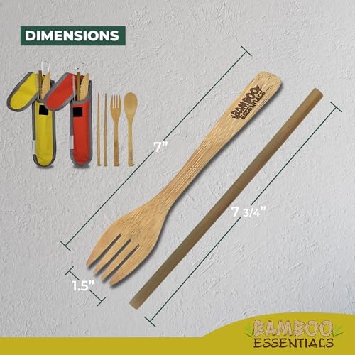 Travel Utensils with Case Set Fork, Knife, Spoon, Chopsticks, Straw, Straw-cleaning brush, Travel Pouch and Carabiner, Excellent For Everyday Use! ((2 Sets) Sunset Red/Sunrise Yellow) - Image 5
