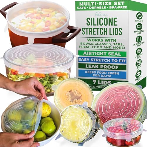 Reusable Silicone Stretch Lids for Food Storage in Fridge - Elastic Heat-Resistant Bowl Covers, Cups, Cans, Jars - Universal Food Grade Lid for Round and Rectangle Containers - Dishwasher Safe -7 Pack by BasicHaus