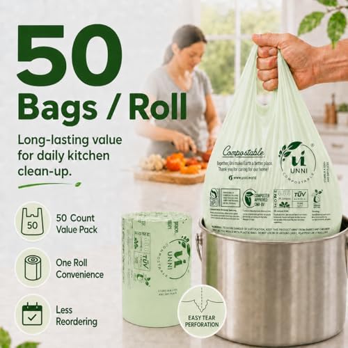UNNI 2.6 Gallon Compostable Bags with Easy-Tie Handles, 10 Liter, 50 Count - Image 6