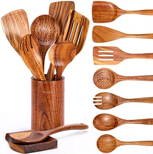 Mooues Wooden Kitchen Utensil Set, 9 Piece Natural Teak with Spoon Rest by Mooues