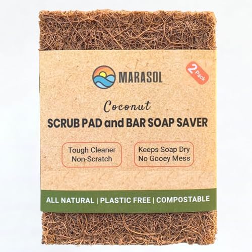 Marasol Soap Saver and Scrub Pad (2) | Coconut Fiber - Compostable | Plastic Free - Zero Waste | Bar Soap Holder | Tough Non-Scratch Scour Pad | Vegetable Brush | 2-Pack by Marasol