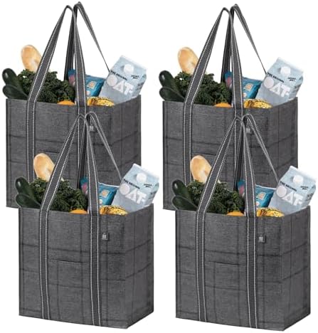 VENO 4 Pack Large Grocery Bag Reusable Shopping Bags with Hard Bottom by Veno
