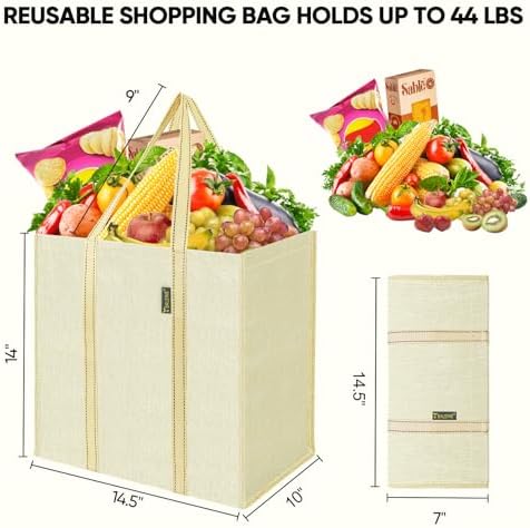 BALEINE 4 PK Grocery Bags Reusable Shopping Bags with Reinforced Bottom, Heavy Duty Foldable Tote Bags (Beige) - Image 2