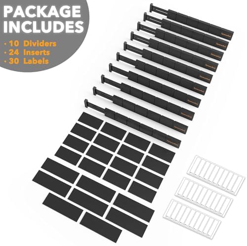 SpaceAid Bamboo Drawer Dividers with Inserts and Labels, Kitchen Adjustable Drawer Organizers, Expandable Organization for Home, Office, Dressers, 10 Dividers with 24 Inserts (17"-22" Black) - Image 7