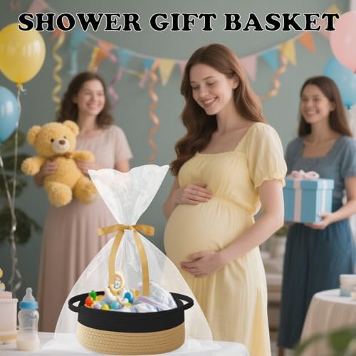 Woven Rope Basket,Baby Gift Basket with Bag & Ribbon, Black&Jute - Image 6