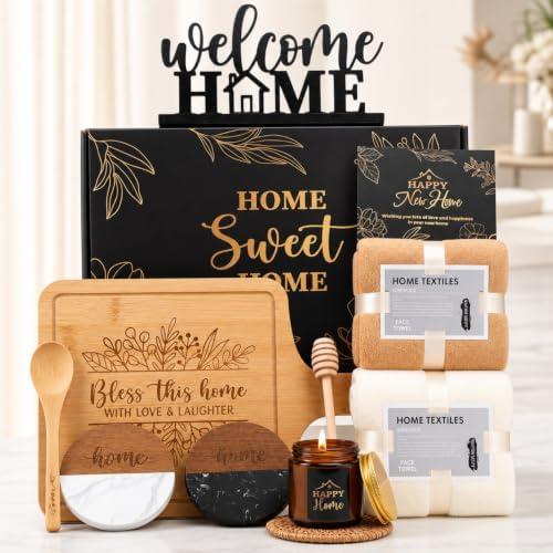 Housewarming Gifts Baskets - Serving Board Towels Bamboo Spoon Honey Stirrer Coaster Candle Set for First Apartment New Home Buyers Closing Gift Homeowner Housewarming Gift (Elegant,Black) by RimCereal