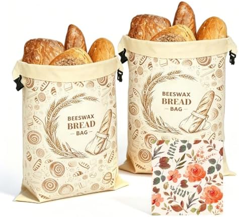 2 Pack Beeswax Sourdough Bread Bags for Homemade Bread (2 Pack + 1 Wrap) -17"x13" Reusable Cotton Beeswax Bread Bag with Lock Closure, Non-Flaking & Breathable for Fridge by Unknown