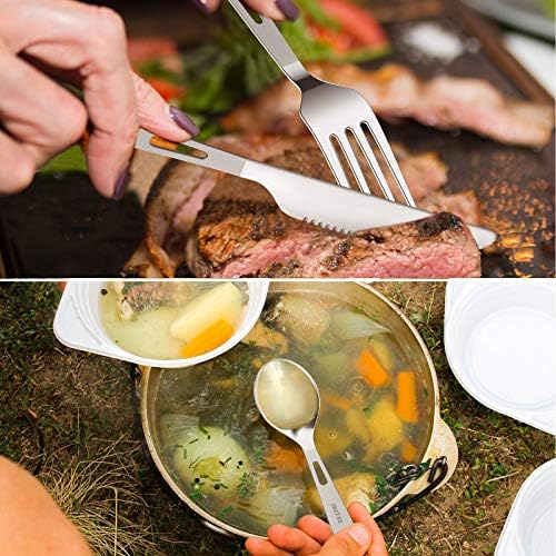 OUTXE Titanium Flatware Polished Knife Fork Spoon Set Lightweight Ti Camping Utility Cutlery Set with Carrying Bag for Traveling Picnic Hiking - Image 3