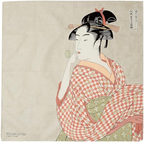 Furoshiki Japanese Wrapping Cloth, Large Size 27.6x27.6 Inch, Reusable Gift Wrap, Eco-Friendly Fabric for Bento Bag, Wine Bottle, Table Decor Washable & Wrinkle Resistant (UTAMARO Woman blowing a beadro, 27.6"x27.6") by Unknown