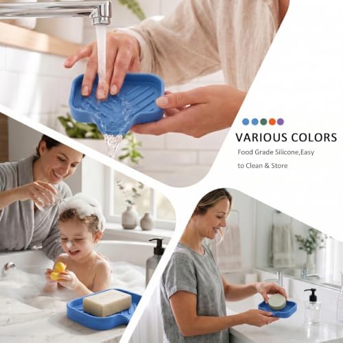 MicoYang Silicone Soap Dish with Drain Spout, Self-Draining Sink Organizer Tray for Bathroom & Kitchen, Sponges, Dispensers & Soap Holder, Non-Slip and Dishwasher Safe, Light Blue (Compact, 4.9"×3.2") - Image 4