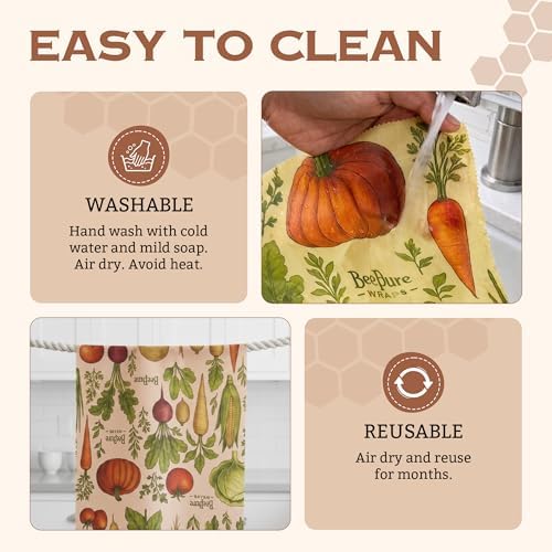 Reusable Beeswax Food Wrap Roll - Cut-to-Size 15 x 80 in, Eco-Friendly Food Storage Wrap, Bees & Veggies Garden Vegetable Design - Image 6