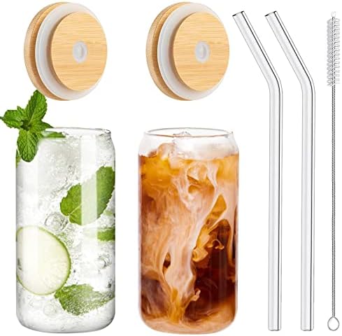 WISIMMALL Drinking Glasses with Bamboo Lids and Glass Straw 2PCS Set, 16oz Glass Cups with Lids and Straws, Beer, Iced Coffee Glasses, Soda, Gift 1 Cleaning Brushes by WISIMMALL