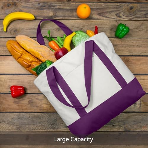 TOPDesign 6-Pack Canvas Tote Bags with an External Pocket, Reusable Grocery Shopping Bags, Top Zipper Closure, Daily Essentials (Purple/Natural) - Image 4