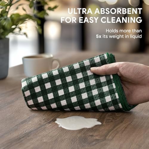 RECYCO Waffle Kitchen Towel Set of 2 - Quick Dry Microfiber Sustainable Dish Towels - Ultra Absorbent Reusable Cleaning Tea Towels - Lightweight Hand Towels,16”x 28”, Pine Green Plaid - Image 3