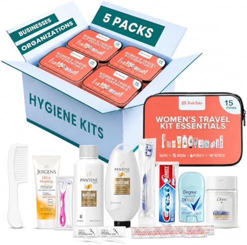 5 Pack Women’s Bulk Hygiene Kits – Premium Brand-Name Travel Size Toiletries, TSA Compliant, Pre-Assembled for Shelters, Schools & Giveaways by TrekTote
