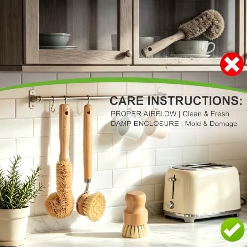 Bamboo Dish Brush Set, Natural Scrub Kitchen Brushes, 3 Pack - Image 6