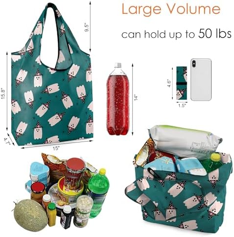 BeeGreen Halloween Bags Spooky Boo Basket Party Reusable Grocery Bags 6 Pack Trick or Treat, Halloween Pumpkin Spiders Ghost Skeleton Black Cat Bat Shopping Bags 50LBS Large - Image 3