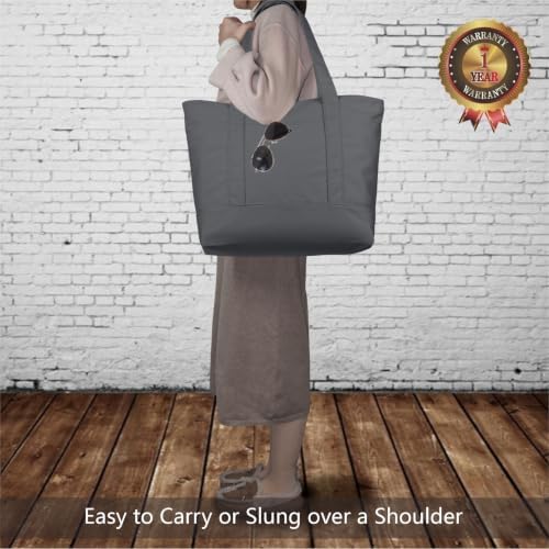 TOPDesign 6-Pack Canvas Tote Bags with an External Pocket, Reusable Grocery Shopping Bags, Top Zipper Closure, Daily Essentials (Grey) - Image 2