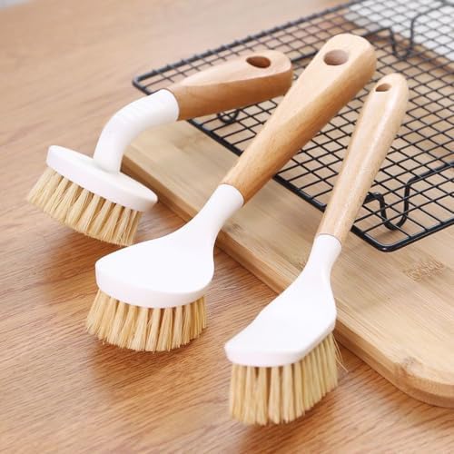3pcs Wooden Dish Brush,Natural Sisal Bristle Kitchen Scrubber | Short Medium Long Wood Handle Brush,Eco Friendly Non Scratch Pot Cleaner (3‑Pack Short Round‑Head) - Image 6