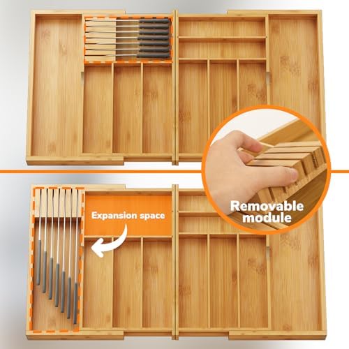 BAMEOS Expandable Silverware Drawer Organizer with Removable Knife Blocks, Bamboo Kitchen Utensil Holder from 21" to 36", Large Cutlery Tray with Divider for Forks, Spoons, Knives - Image 3