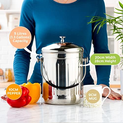 RED FACTOR Premium Compost Bin for Kitchen Countertop - Stainless Steel Food Waste Bucket with Innovative Dual Filter Technology - Includes Spare Filters (Brilliant Steel, 1.3 Gallon) - Image 5