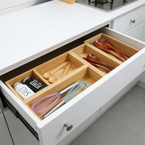 5-Piece Bamboo Drawer Organizer Storage Boxes Kitchen Multi-purpose Storage Dividers Drawer Organizer Set for Office Vanity Closet & Bathroom Kitchen Office Jewelry Cosmetics - Image 4