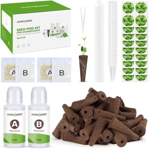 Ahopegarden 166PCS Hydroponic Pods Herb Kit: Grow Anything Kit With 600ml A&B Plant Food, 40 Grow Sponges, 40 Baskets, 40 Domes, 40 Labels, 1 Tweezer - Hydroponics Supplies for Aerogarden & Most Brand by Ahopegarden
