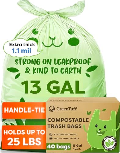 13 Gallon Compostable Trash Bags (40 Count) — Leakproof Plant-based Thick (1.1 Mil) Tall Kitchen Garbage Bags — ASTM D6400 BPI Certified — Heavy-Duty Large Food Scrap Liner Bag with Handle-Tie by WhereResponsibilityGetsFun