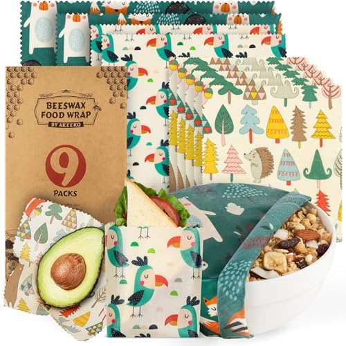 Akeeko Reusable Beeswax Food Wraps - Assorted 9 Packs, Reusable, Plastic-Free Food Storage, 5 Small, 2 Medium, 1 Large, 1 Extra Large Wraps with Forest Animals Pattern by Akeeko