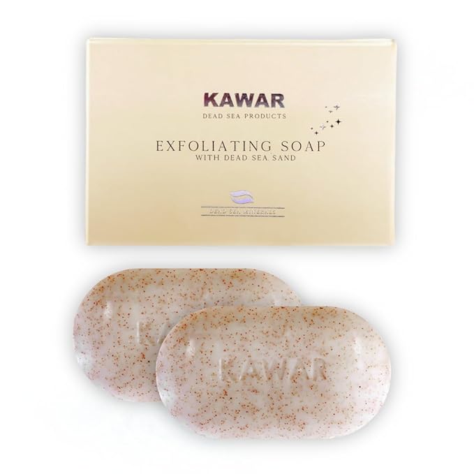KAWAR Dead Sea Exfoliating Soap with Dead Sea Sand - Salicylic Acid, Magnesium Chloride, Shea Butter, Olive Oil & Tea Tree - Vegan Soap Bar for Men & Women, 4.2 oz (Pack of 2)