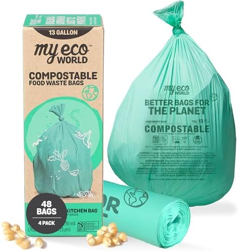 MyEcoWorld® Compostable Kitchen Waste Bags - 48 Count - 100% Certified Compostable - 13 Gallon - Super Strong - Leak Proof - Unscented - Easy to Open by MYECOWORLD