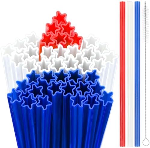 JANYUN 30 Pieces Patriotic Plastic Straws, Red White Blue Star Straws by JANYUN