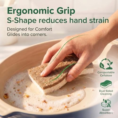 12 Pack Washing Up Sponges, Eco Kitchen Dish Cleaning Sponges, Biodegradable & Compostable Natural Cellulose Sponge with Coconut Fibre Scrubber, Non-Scratch Heavy Duty Scouring Pad - Image 4