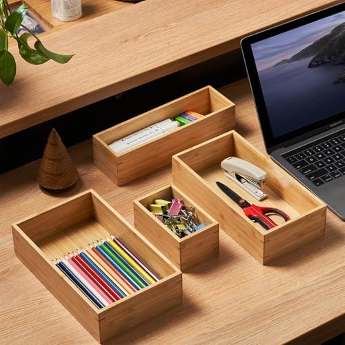 Umilife Bamboo Kitchen Drawer Organizer, Extra High Silverware Tray, Flatware Cutlery Storage Box, Multi-Use Holder in Office, Bathroom, Pantry - 12"x3"x2.5" (Set of 2) - Image 6