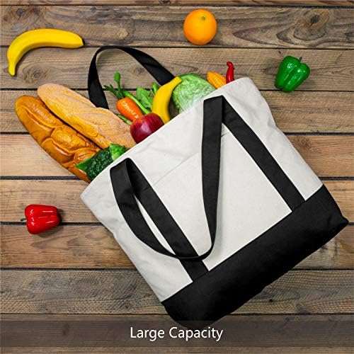 TOPDesign 3-Pack Canvas Tote Bags with an External Pocket, Reusable Grocery Shopping Bags, Top Zipper Closure, Daily Essentials (Black/Natural) - Image 4