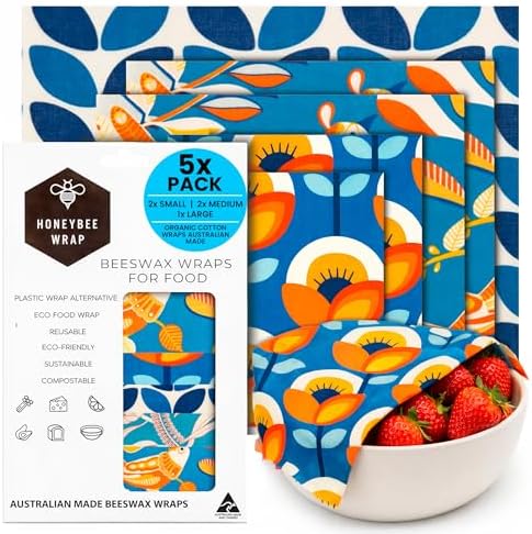 Honeybee Reusable Beeswax Wraps for Food | 5 Pack | Handmade in Australia | Eco Friendly, Organic, Biodegradable, Bee's Wrap for Bowl Covers and Food Storage | Reusable Cling Wrap by HONEYBEEWRAP
