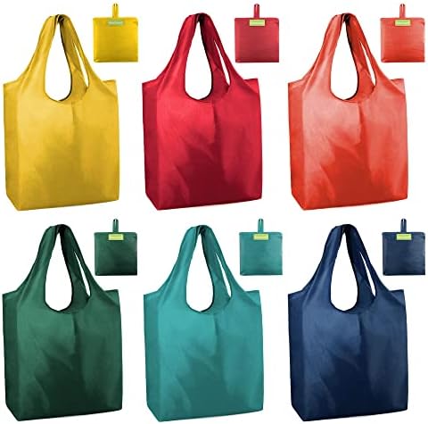 BeeGreen Foldable Travel Bag Reusable Shopping Bags for Groceries - 6 Pack Large Collapsible Bags - Lightweight Machine Washable Tote Bags - Colorful Kitchen Grocery Bags (Red, Orange, Green)​ by BeeGreen