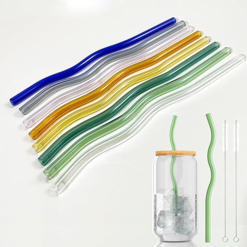 YUTRENN Reusable Glass Straws Sets of 8 Wavy Colorful Drinking Straw with 2 Cleaning Brushes, 8 inches 0.3" Thick Clear Straws High Borosilicate Glass Straw for Tumblers 10 Pack Gift Wrap - Image 7