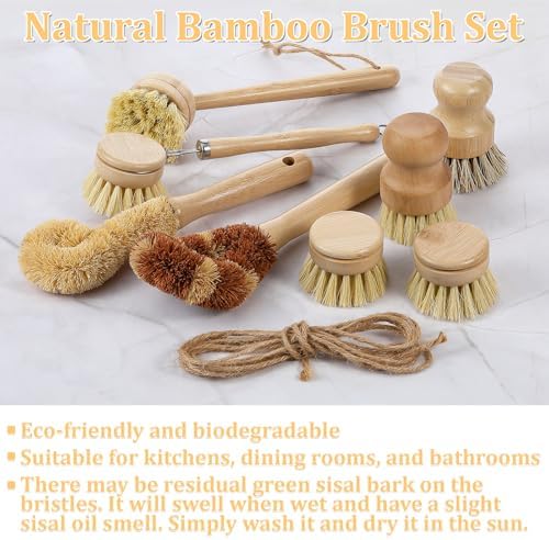 9 Pcs Bamboo Dish Brush Set Wooden Dish Brush with Sisal and Palm Fiber Natural Wooden Kitchen Brushs Practical Dishs Cleaning Brushs Sets for Pots Pans Bottle Sink Vegetables Household Cleaning - Image 4