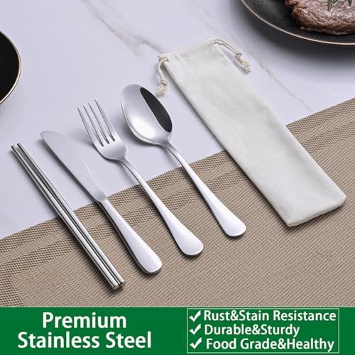 DEHOV Travel Utentils Set With Pouch,Reusable Portable Camping Silverware Set Knife Spoon Fork Chopsticks For Picnic,Travel Accessories Gadgets,Picnic Essentials - Image 3