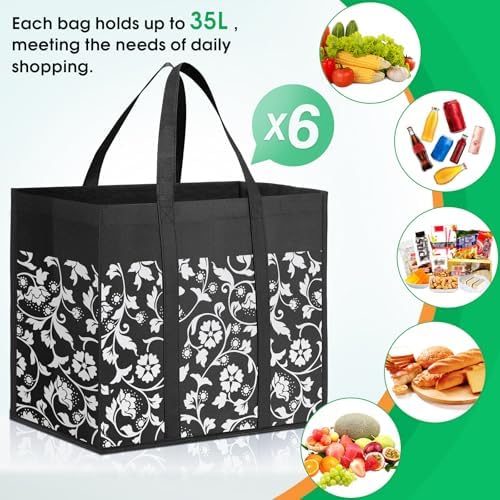 Reusable Grocery Bags Foldable Tote Bags bulk Shopping Bags 6-Pack, Black - Image 5